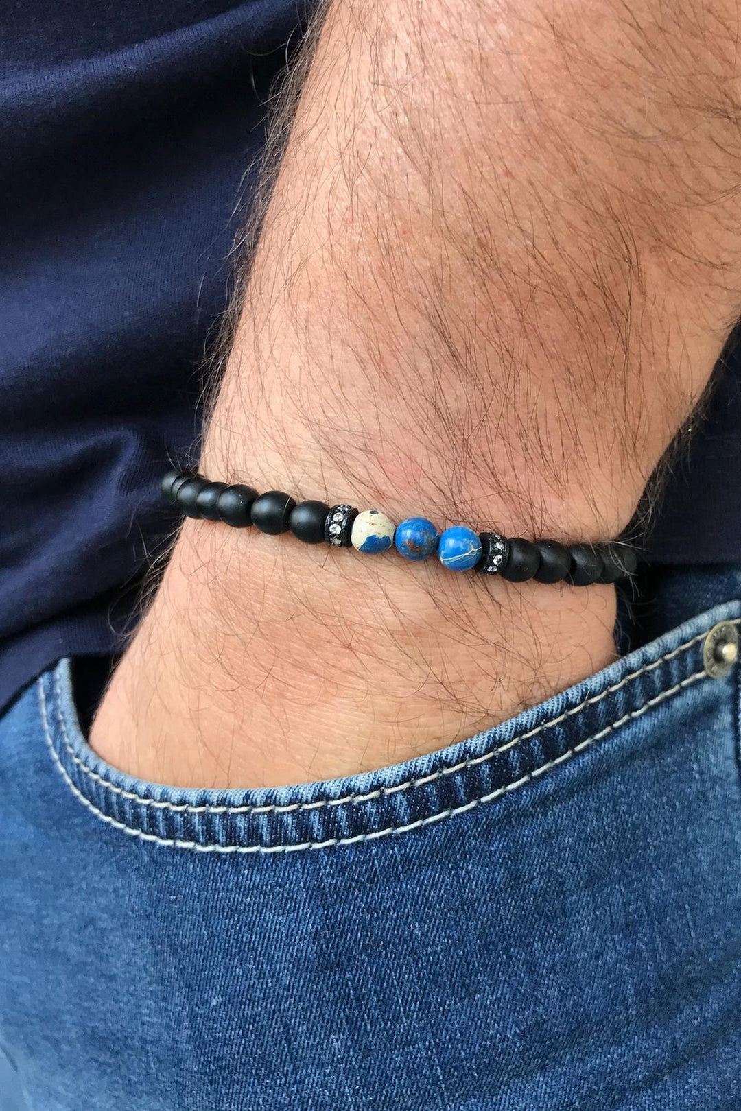 NVM FRNCH Mat Natural Stone Two-Tone Zircon Adjustable Handmade Men's Bracelet FRJ11257357-B2 - Allen