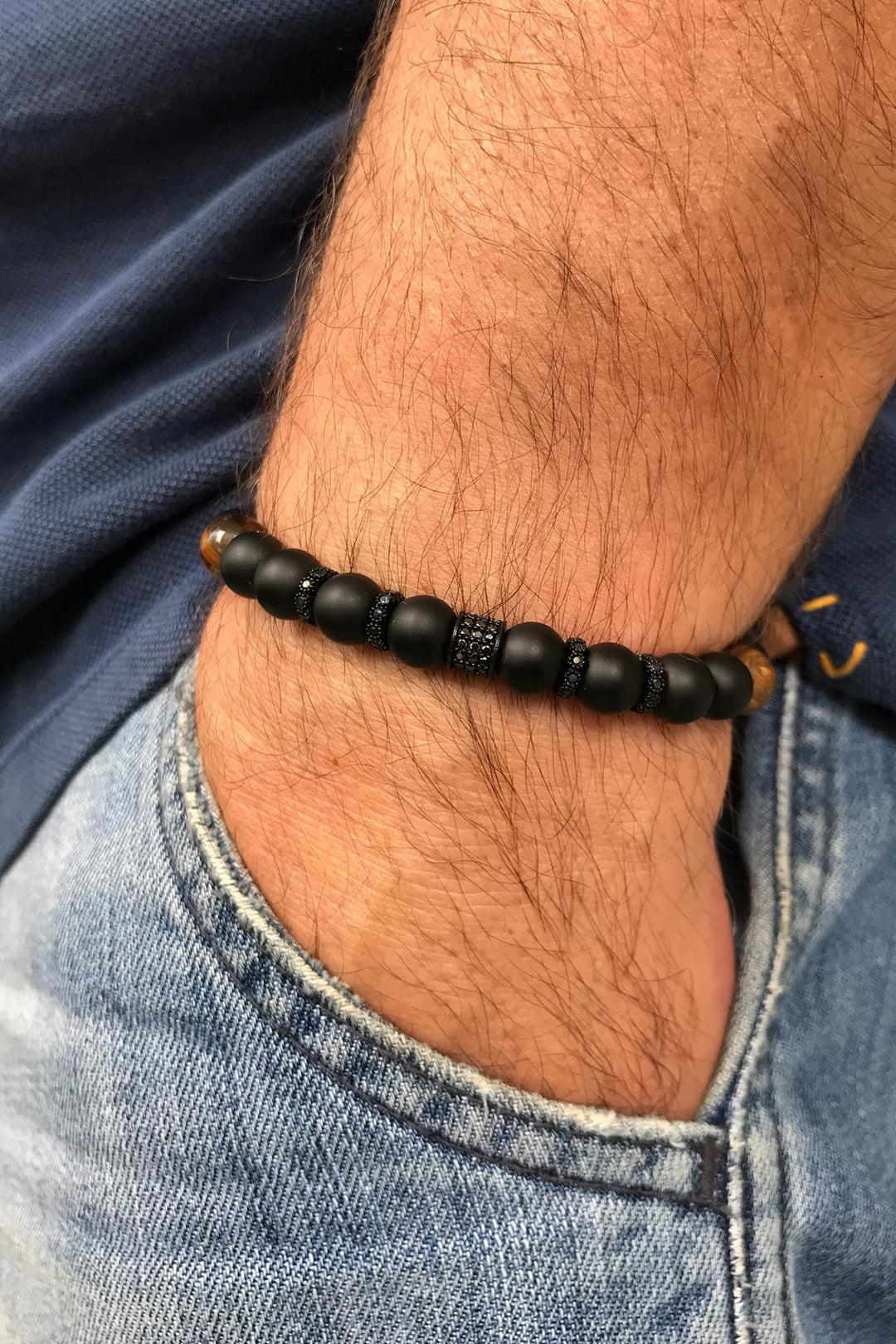 NVM FRNCH Mat Black Natural Stone Tiger Eye Detailed Men Adjustable Handmade Bracelet FRJ11243343-B2 - Gap