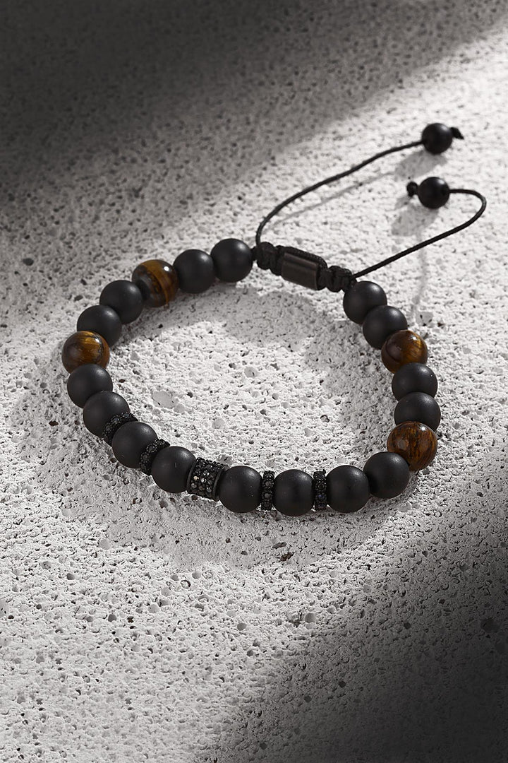 NVM FRNCH Mat Black Natural Stone Tiger Eye Detailed Men Adjustable Handmade Bracelet FRJ11243343-B2 - Gap