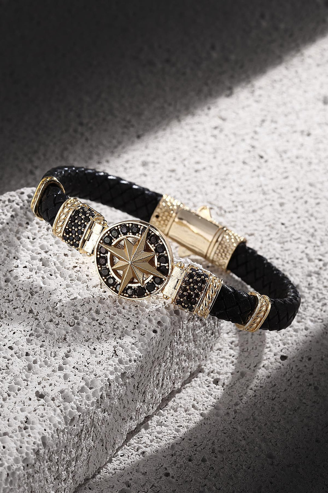 NVM FRNCH Compass Patterned Genuine Leather Bracelet with Zircon Stone Distressed Gold Color Men's Bracelet FRJ11201301-G - Lecce