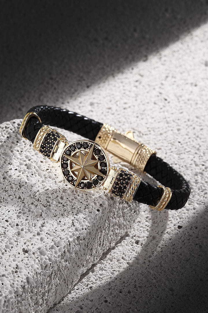 NVM FRNCH Compass Patterned Genuine Leather Bracelet with Zircon Stone Distressed Gold Color Men's Bracelet FRJ11201301-G - Lecce