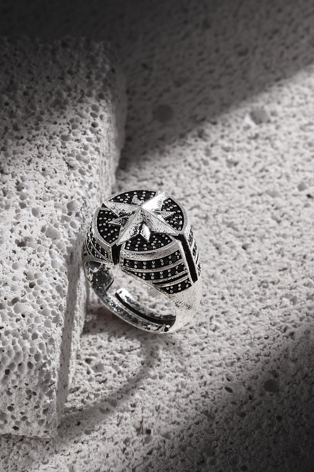 NVM FRNCH Compass Figured Zircon Stone Adjustable Antique Silver Color Men's Ring FRJ6002929-A2 - Cieza