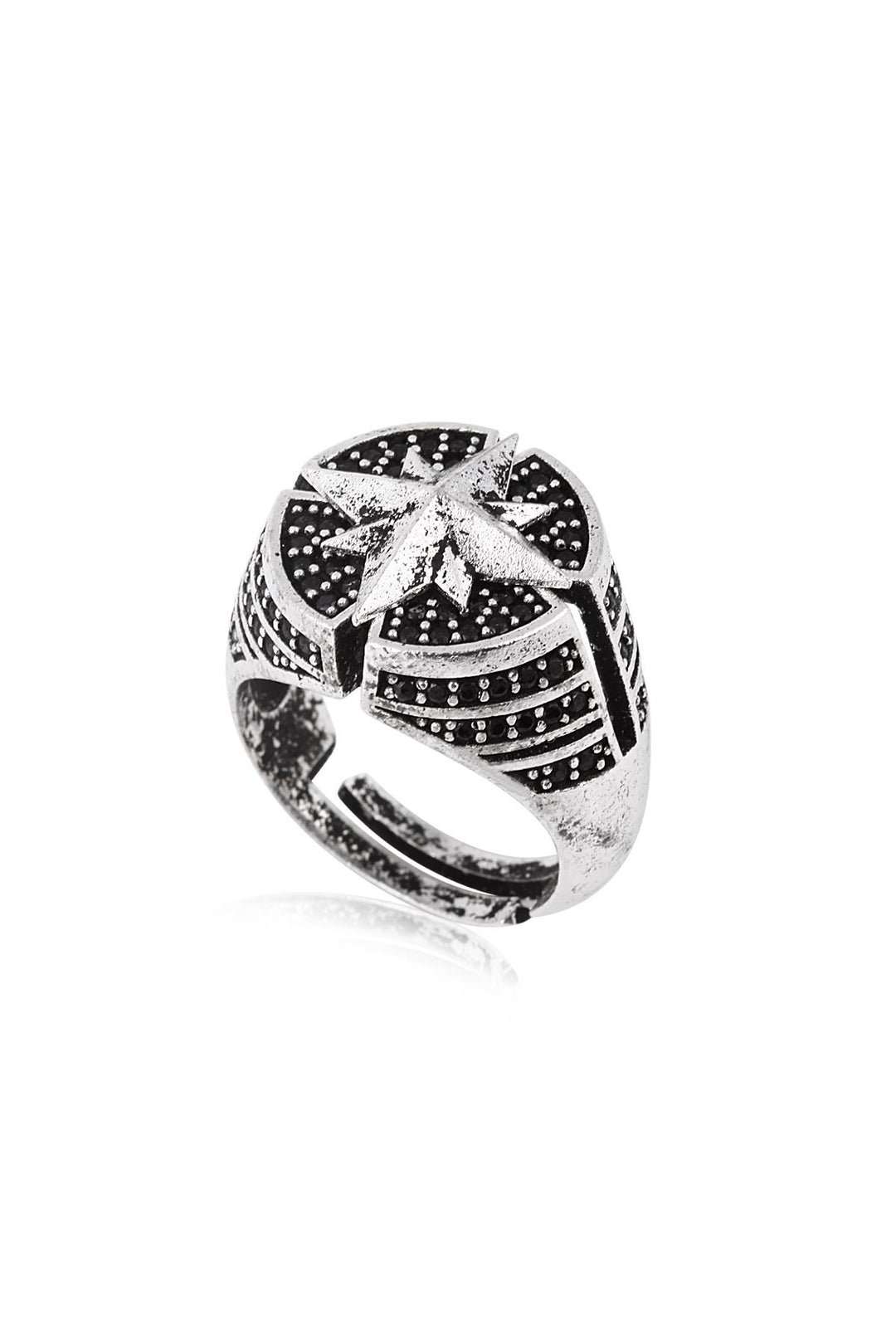 NVM FRNCH Compass Figured Zircon Stone Adjustable Antique Silver Color Men's Ring FRJ6002929-A2 - Cieza