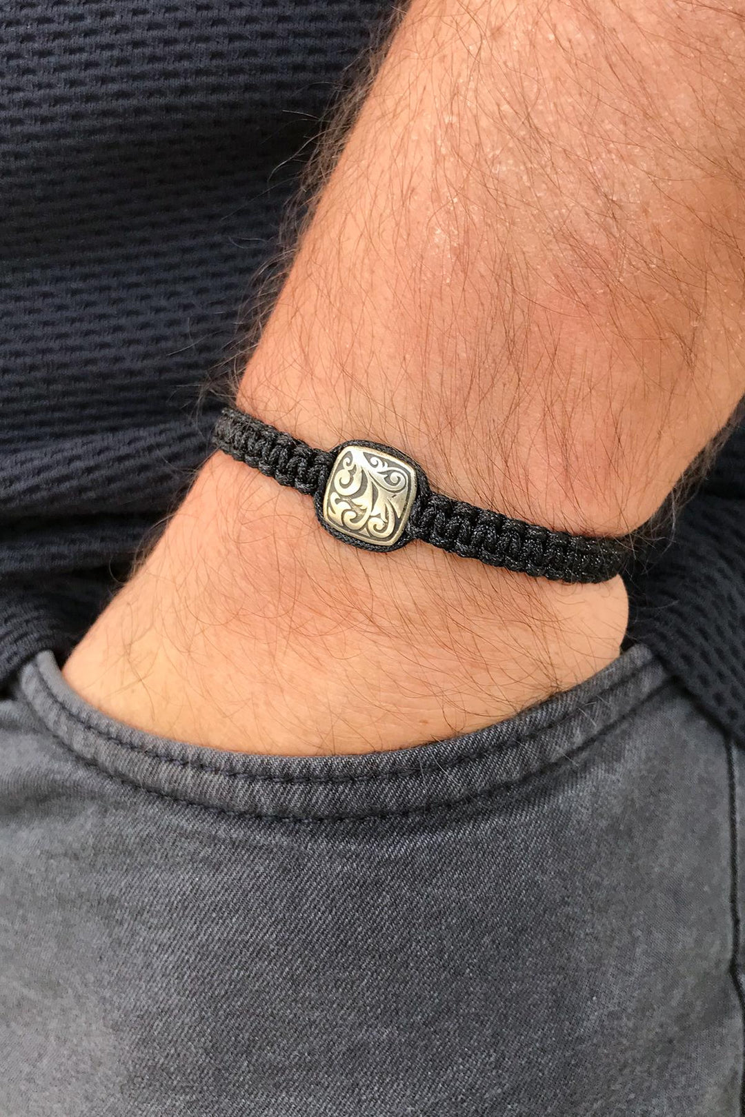 NVM FRNCH Shawl Pattern Model Black Color String Handmade Adjustable Men's Bracelet FRJ11244344-S - Piteşti