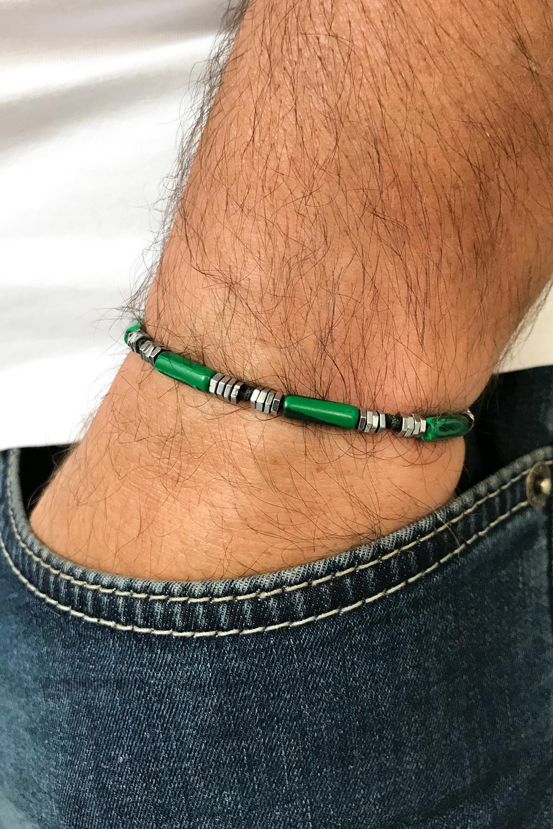 NVM FRNCH Cylinder Variscite Natural Stone Green Color Adjustable Men's Bracelet FRJ11250350-Y - Scandicci
