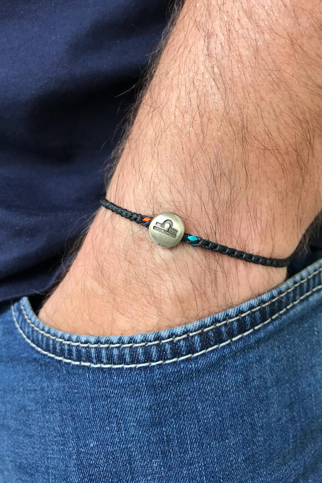 NVM FRNCH Libra Zodiac Silver Color Hand Knitted Black Thread Men's Bracelet FRJ20116-216-K - Gastonia