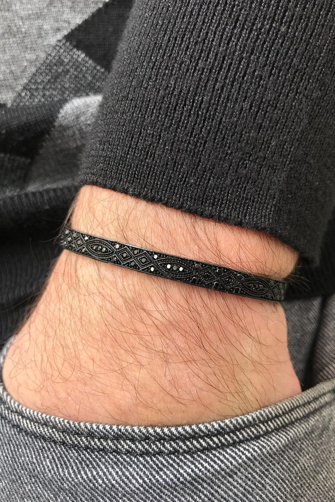 NVM FRNCH Black Color Men's Cuff Bracelet with Shawl Pattern and Zircon Stone FRJ11139239-B - Poinciana