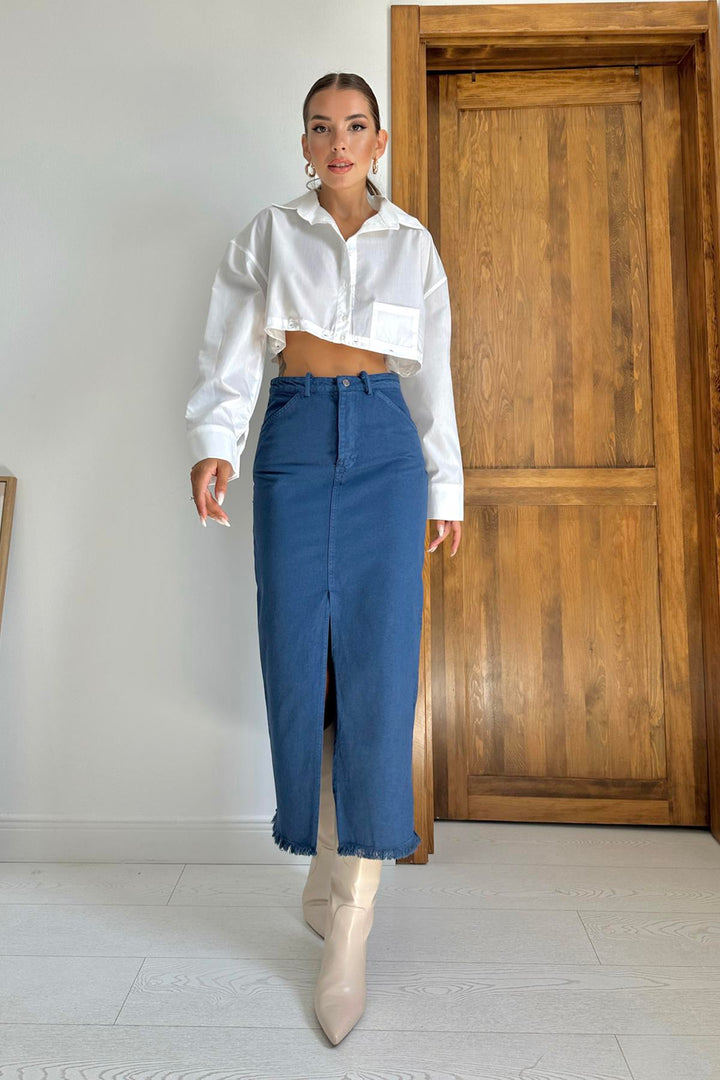 ELS Gabardine Dyed Fringed Skirt - Blue - Iowa City