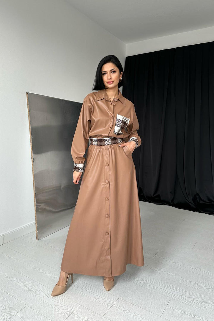 ELS Garnished Leather Skirt Suit - Tan - Barcelona