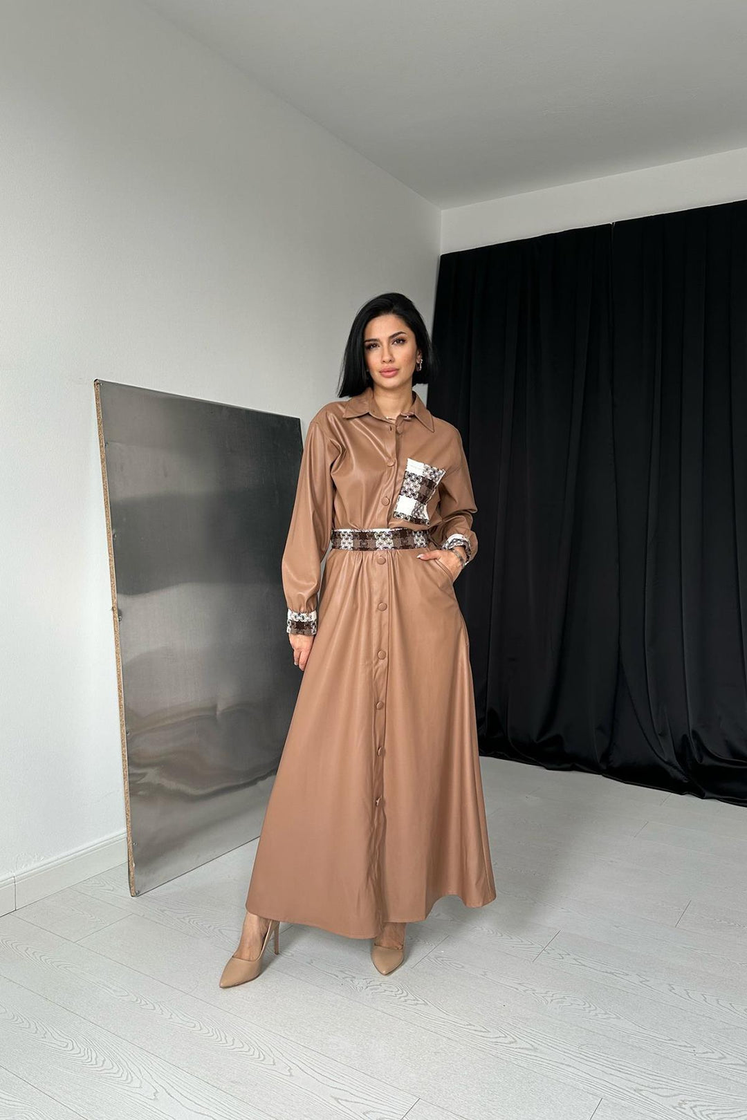 ELS Garnished Leather Skirt Suit - Tan - Barcelona