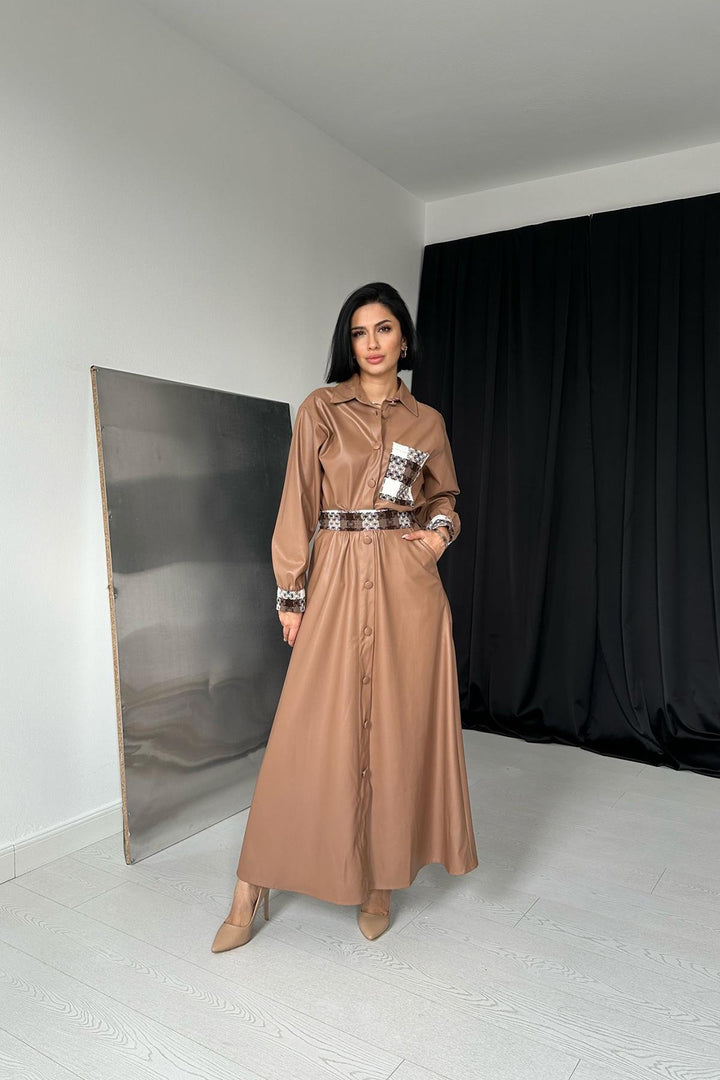 ELS Garnished Leather Skirt Suit - Tan - Barcelona