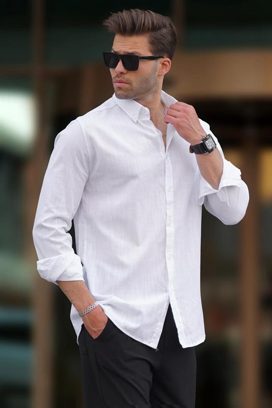 MDX White Long Sleeve Cotton Linen Look Men's Shirt 6743 - Cluj-Napoca