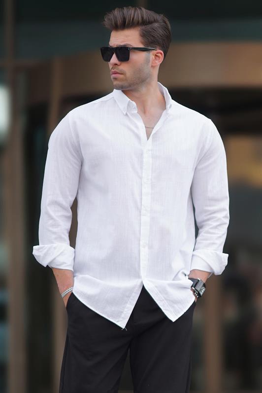 MDX White Long Sleeve Cotton Linen Look Men's Shirt 6743 - Cluj-Napoca