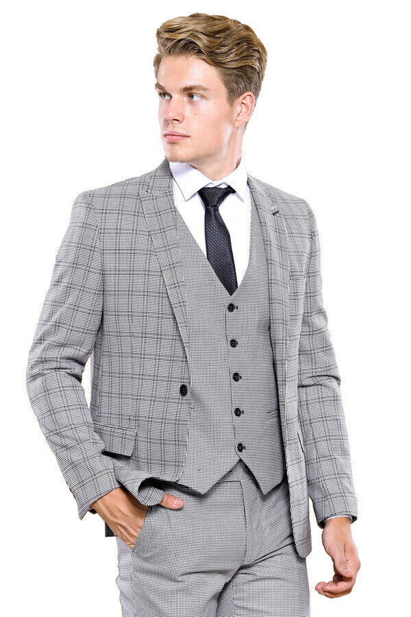 WSS Grey Plaid Vested Men's Suit  - East Point