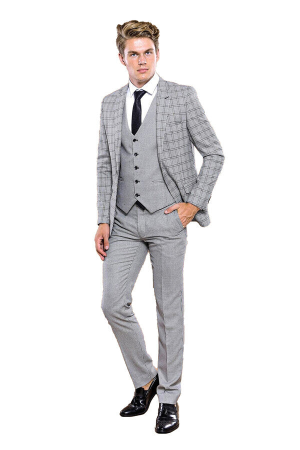 WSS Grey Plaid Vested Men's Suit  - East Point