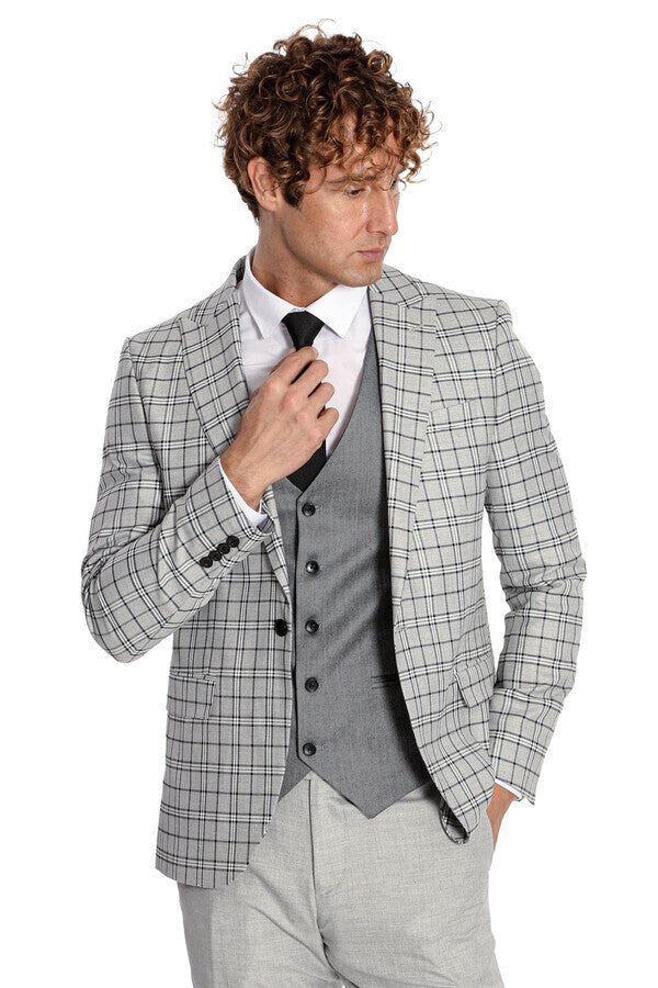 WSS Grey Vested Slim Fit Checked Light Grey Men Suit  - Hasselt