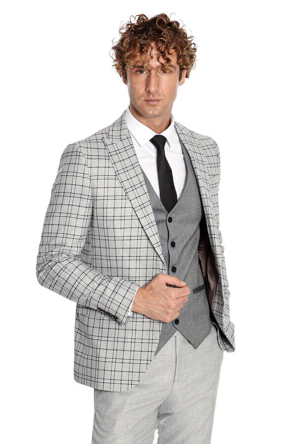 WSS Grey Vested Slim Fit Checked Light Grey Men Suit  - Hasselt