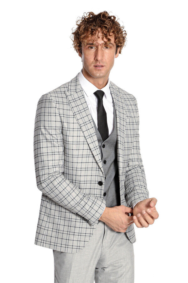 WSS Grey Vested Slim Fit Checked Light Grey Men Suit  - Hasselt