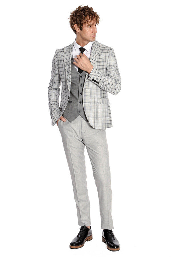 WSS Grey Vested Slim Fit Checked Light Grey Men Suit  - Hasselt