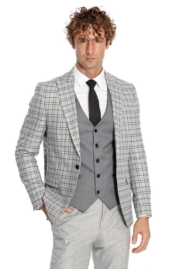 WSS Grey Vested Slim Fit Checked Light Grey Men Suit  - Hasselt