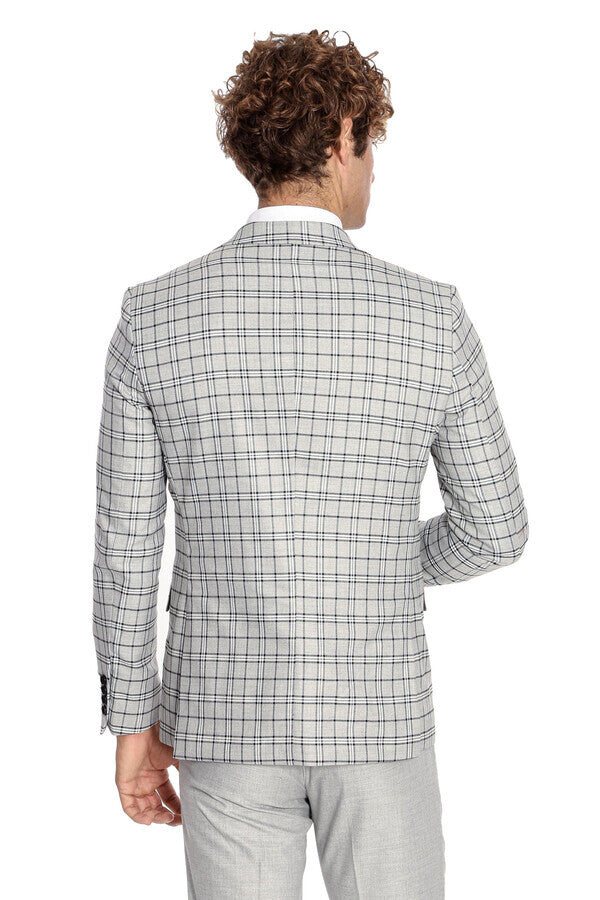 WSS Grey Vested Slim Fit Checked Light Grey Men Suit  - Hasselt