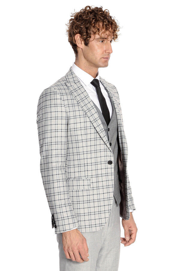 WSS Grey Vested Slim Fit Checked Light Grey Men Suit  - Hasselt