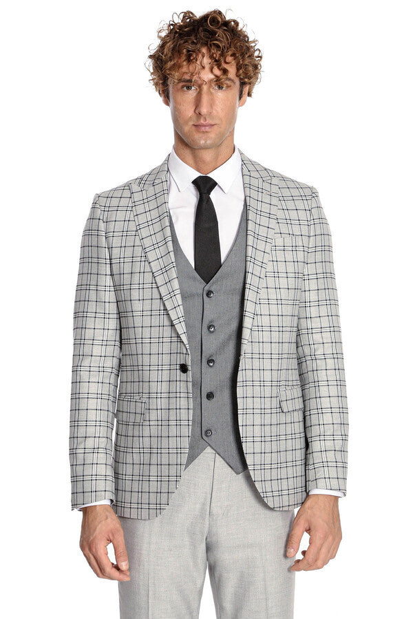 WSS Grey Vested Slim Fit Checked Light Grey Men Suit  - Hasselt