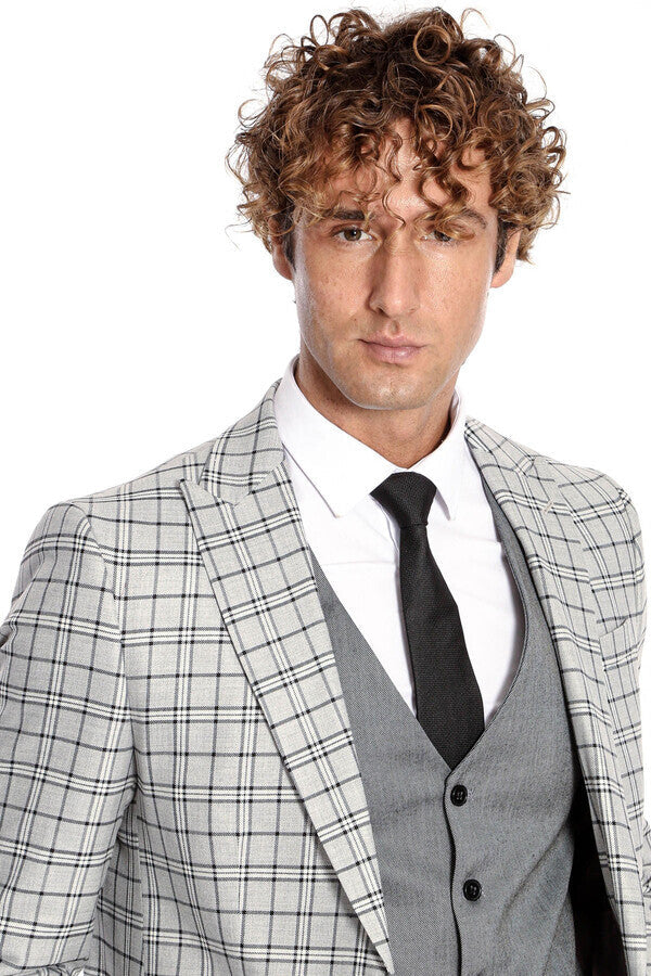 WSS Grey Vested Slim Fit Checked Light Grey Men Suit  - Hasselt