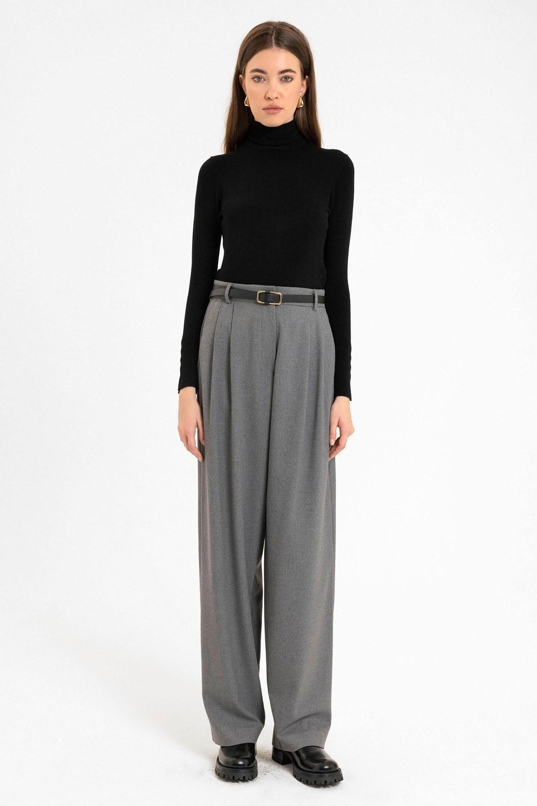ANT Antioch Gray Women's High Waist Pants with Detailed Straight Fit - Roanne