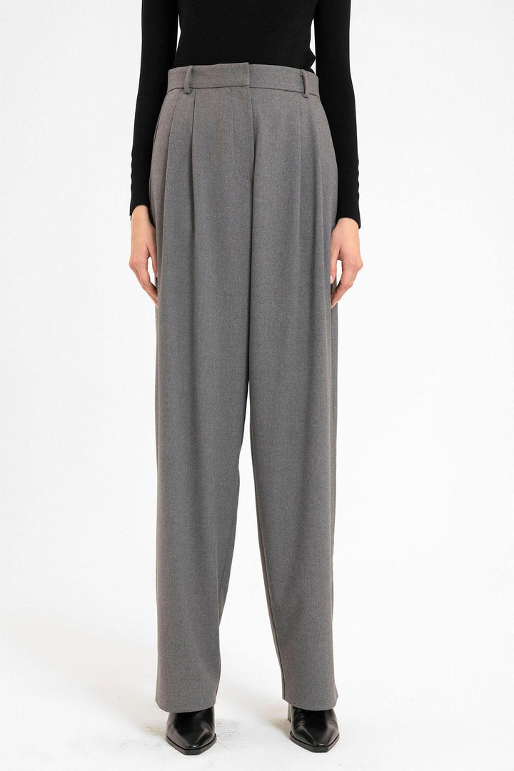 ANT Antioch Gray Women's High Waist Pants with Detailed Straight Fit - Roanne