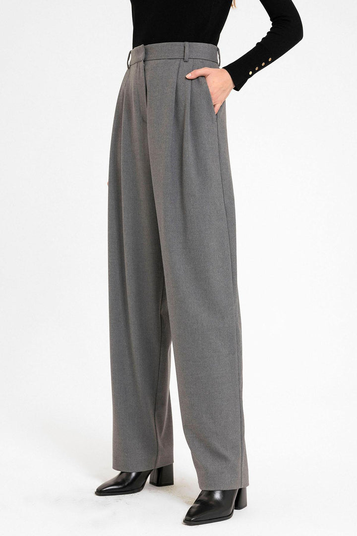 ANT Antioch Gray Women's High Waist Pants with Detailed Straight Fit - Roanne