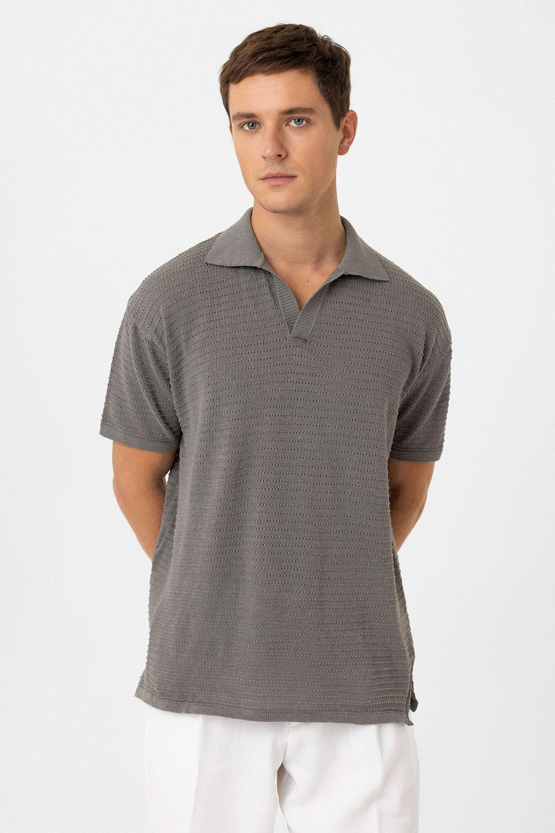 ANT Antioch Gray Polo Neck Textured Men's Knit T-Shirt - Roswell