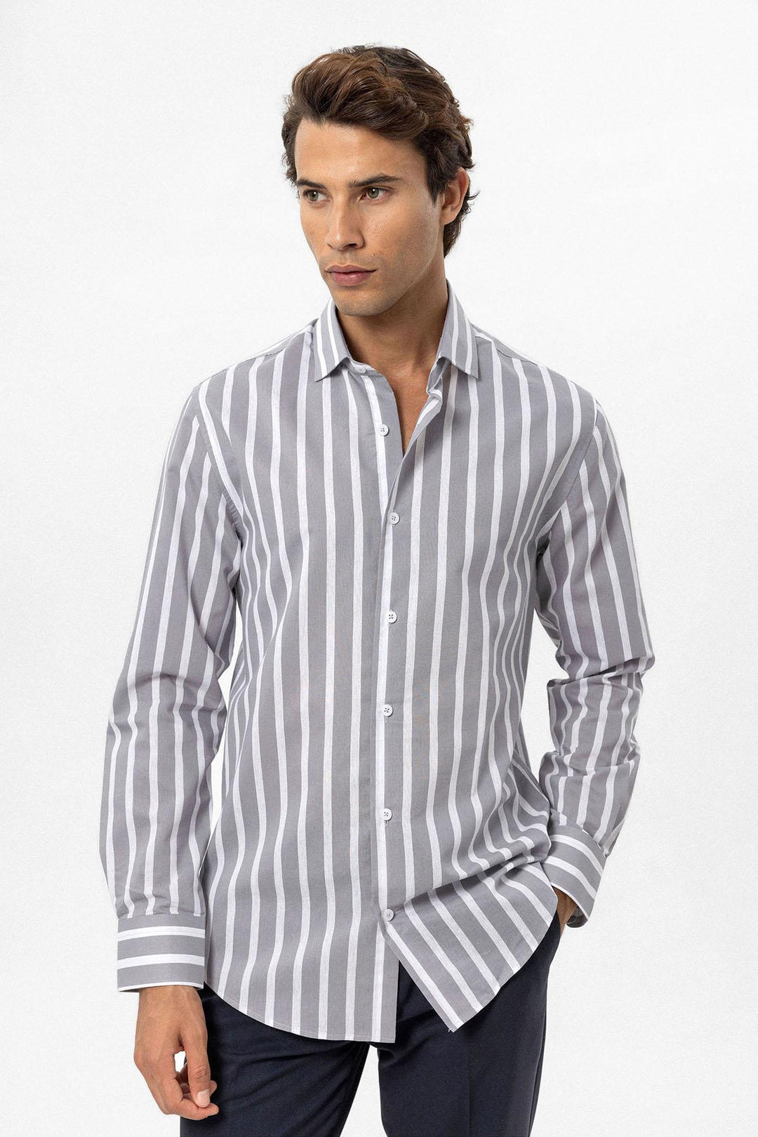 ANT Antioch Gray Slim Fit Striped Men's Shirt - Casoria