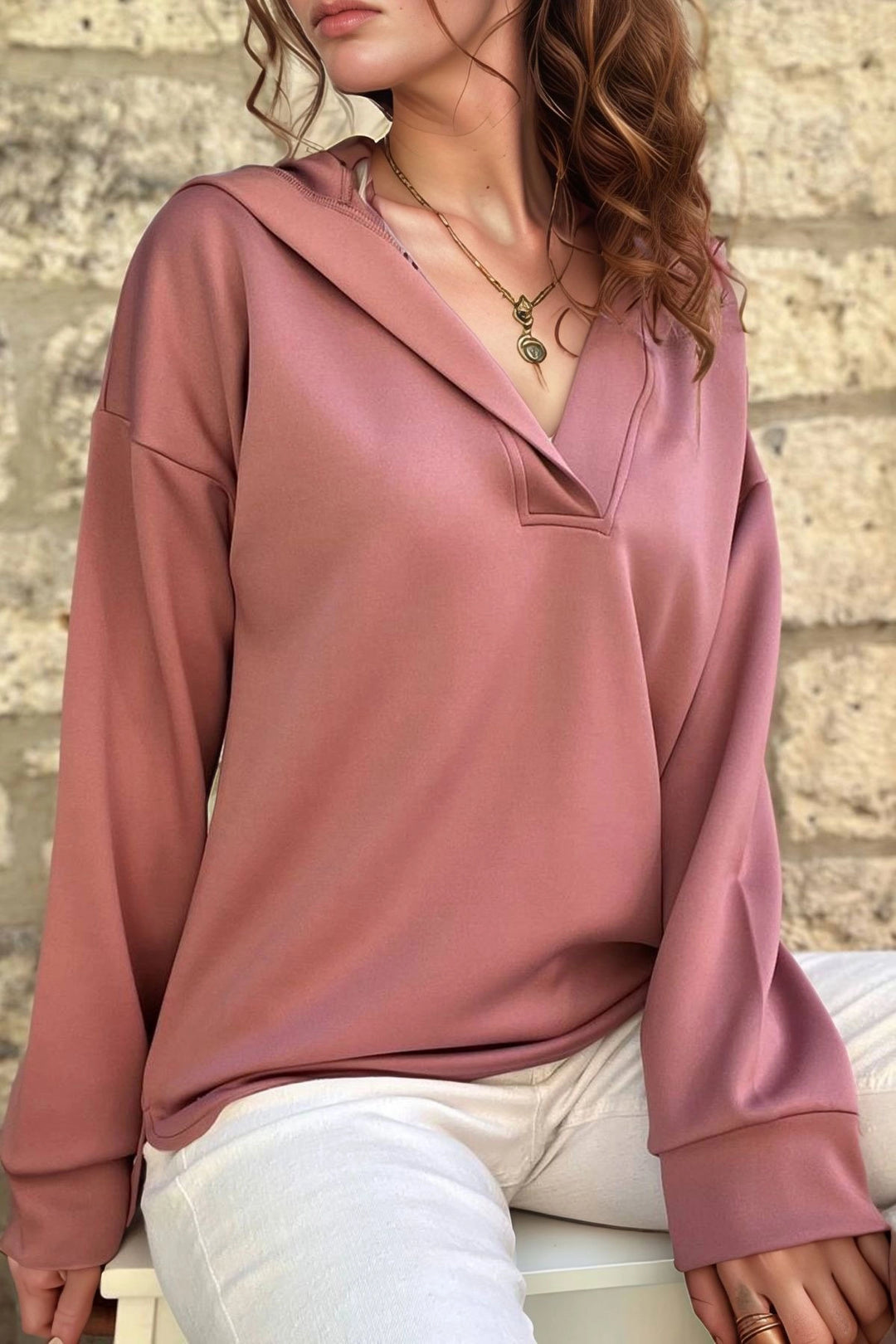 Dried Rose V-Neck Hooded Back Long Scuba Loose Sweatshirt BCBSK-25700-3506 - Botoşani