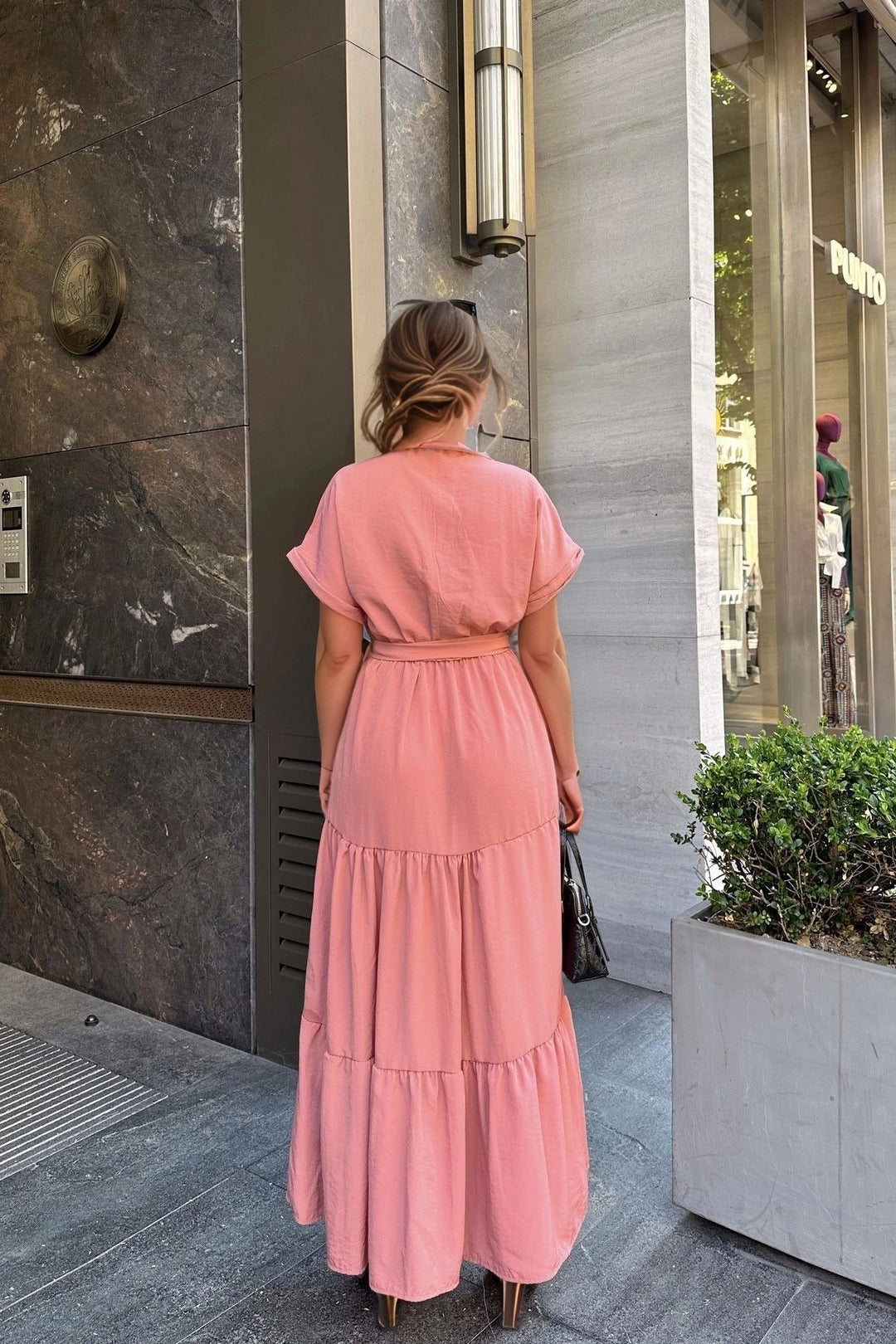 Dried Rose Half Skirt Pleated Loose Dress with Belt BCBSK-25700-3336 - Waterlooville