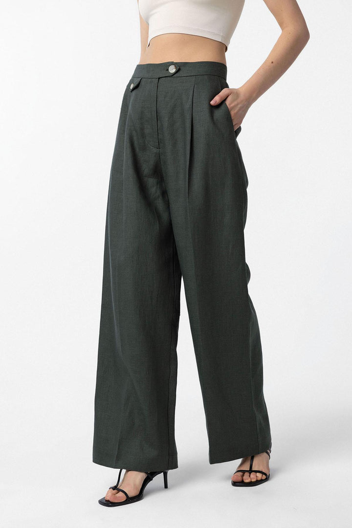 ANT Antioch Haki 100% Linen High Waisted Pleated Women's Pants - Gilroy