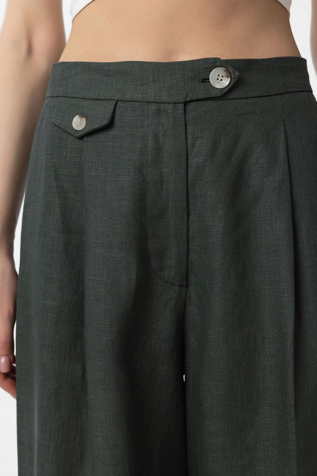 ANT Antioch Haki 100% Linen High Waisted Pleated Women's Pants - Gilroy