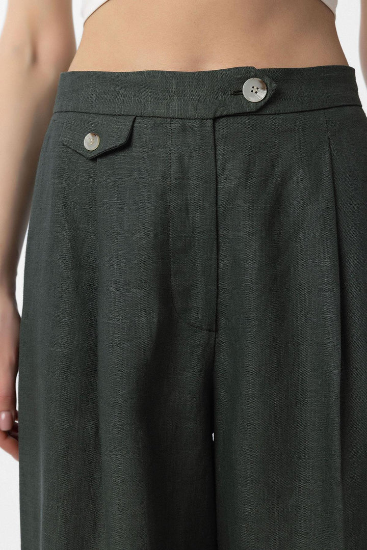 ANT Antioch Haki 100% Linen High Waisted Pleated Women's Pants - Gilroy