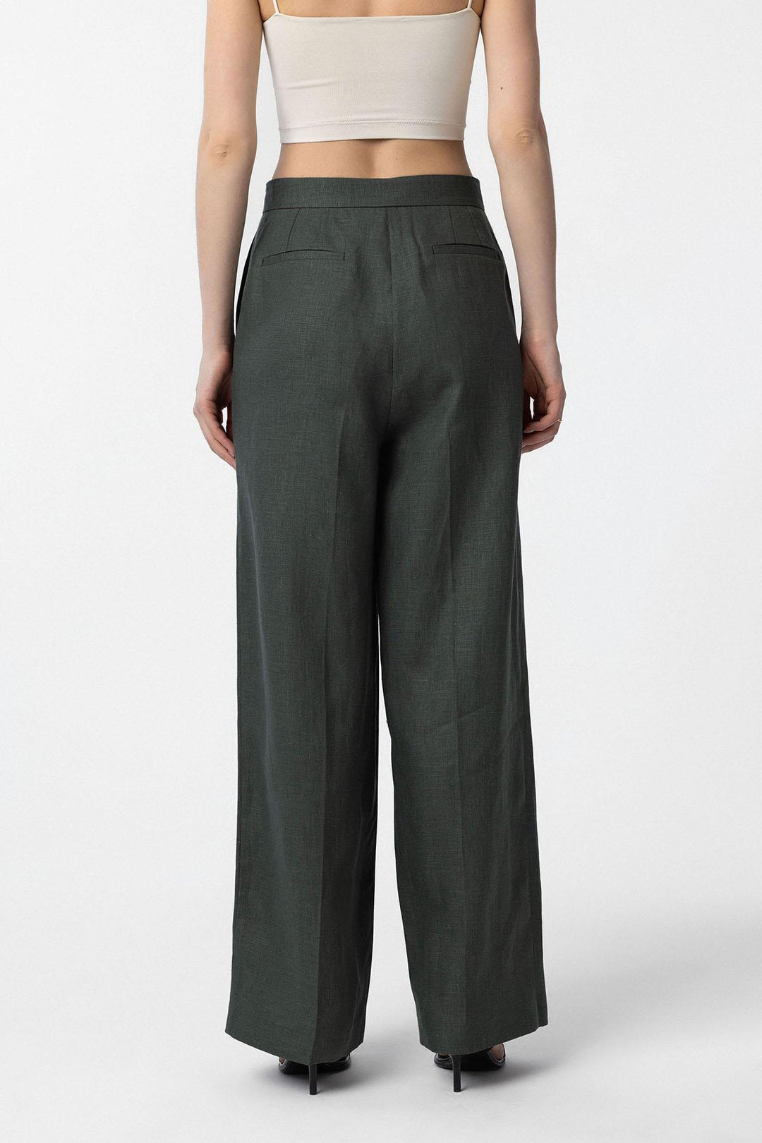 ANT Antioch Haki 100% Linen High Waisted Pleated Women's Pants - Gilroy