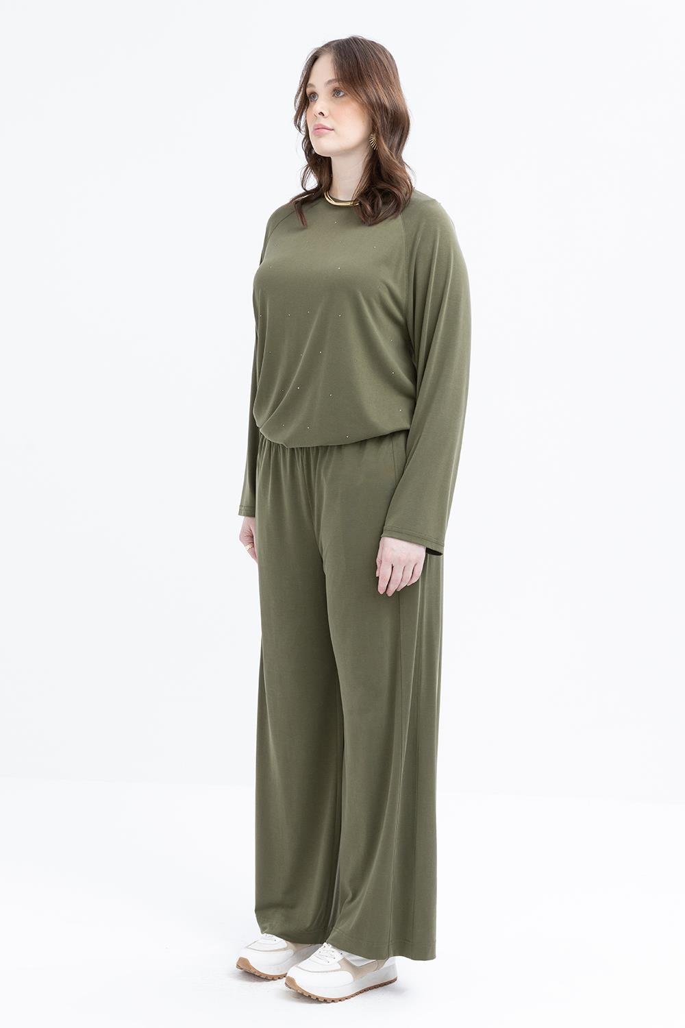 TLD Women Allday Haki Haki-large Size Elastic Waistband Lycra Wide Leg Pants - Freehold