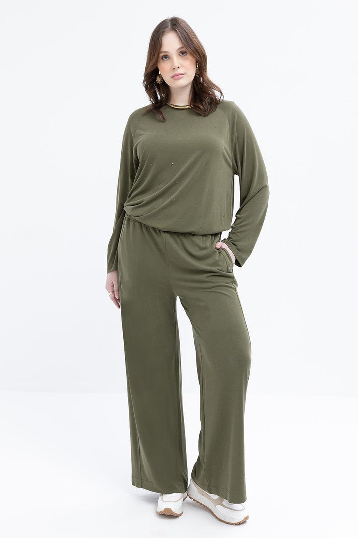 TLD Women Allday Haki Haki-large Size Elastic Waistband Lycra Wide Leg Pants - Freehold