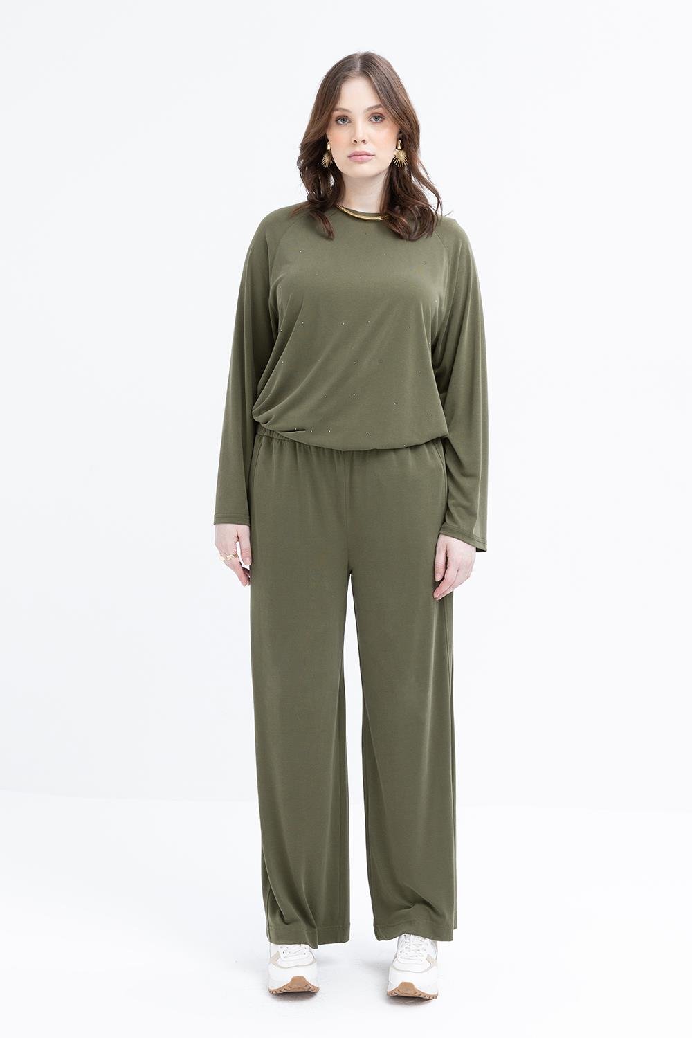 TLD Women Allday Haki Haki-large Size Elastic Waistband Lycra Wide Leg Pants - Freehold