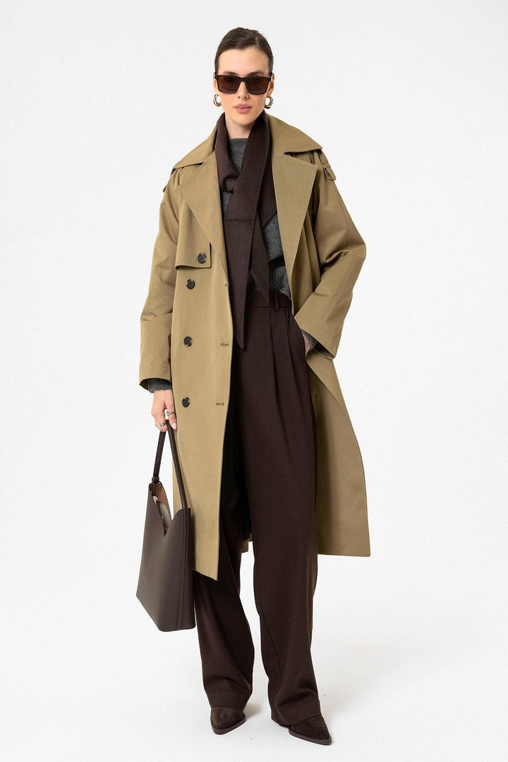 ANT Antioch Beige Women's Belted Long Trench Coat - Yucaipa