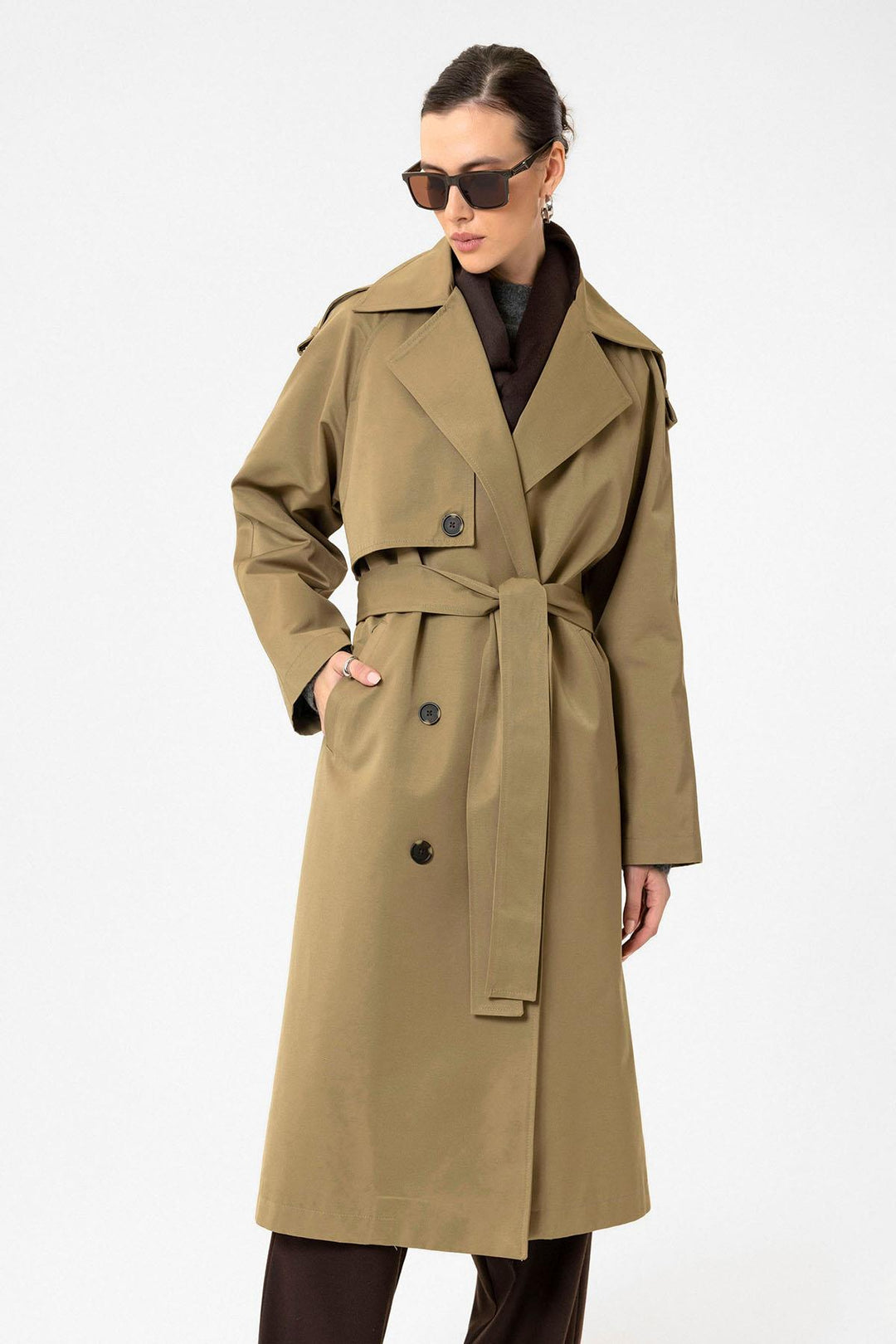 ANT Antioch Beige Women's Belted Long Trench Coat - Yucaipa