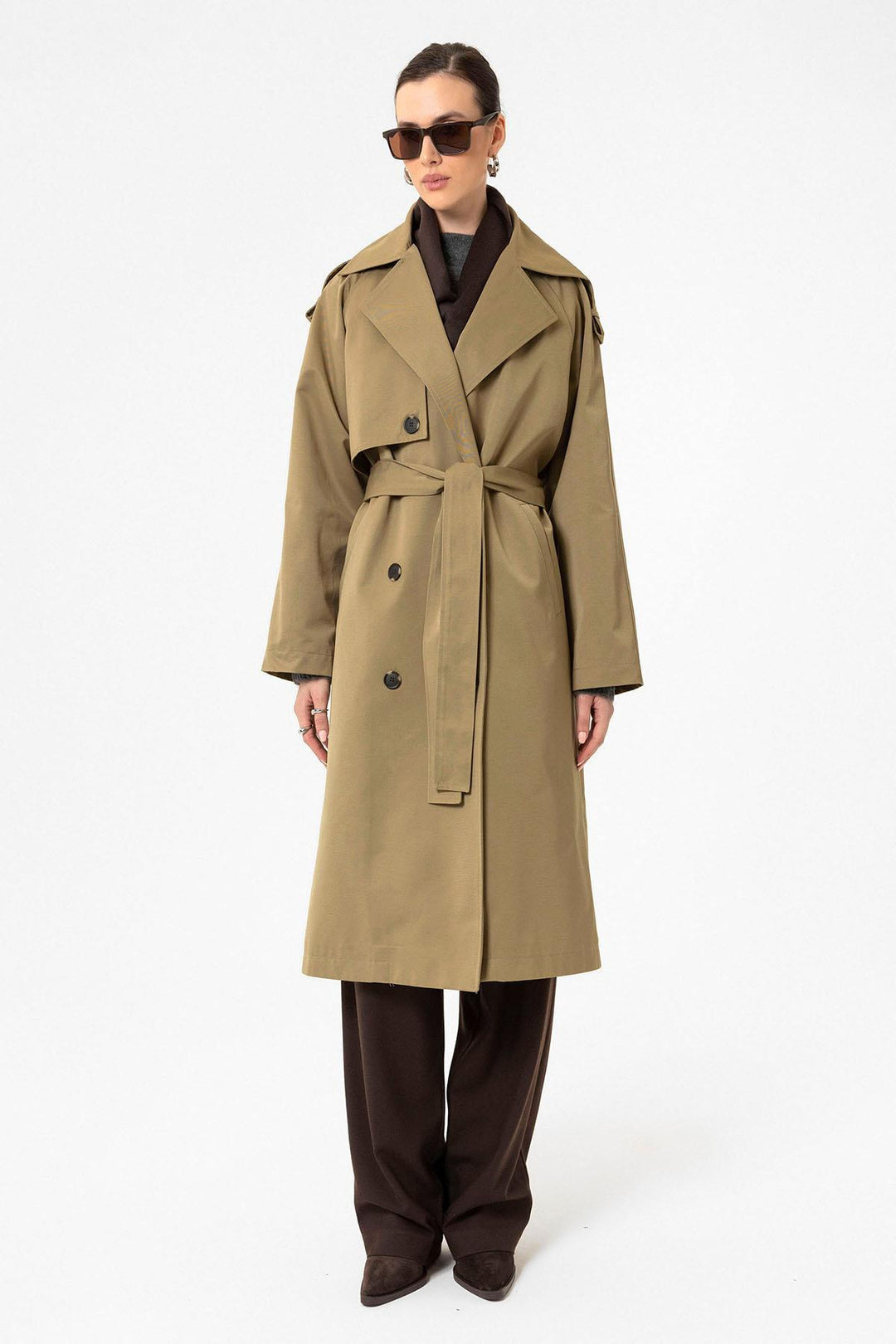 ANT Antioch Beige Women's Belted Long Trench Coat - Yucaipa
