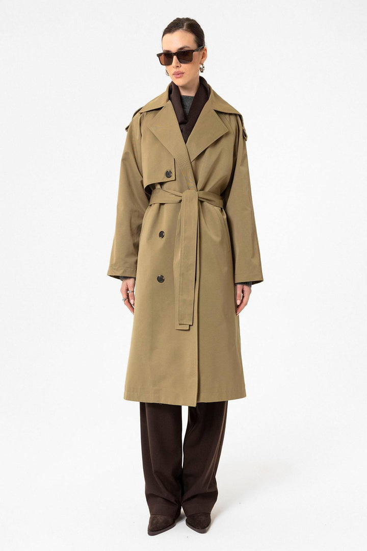 ANT Antioch Beige Women's Belted Long Trench Coat - Yucaipa