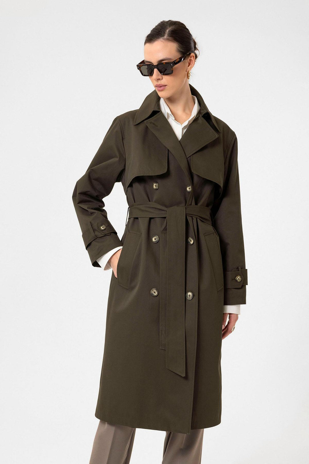 ANT Antioch Khaki Women's Wrap Closure Belted Trench Coat - Creil