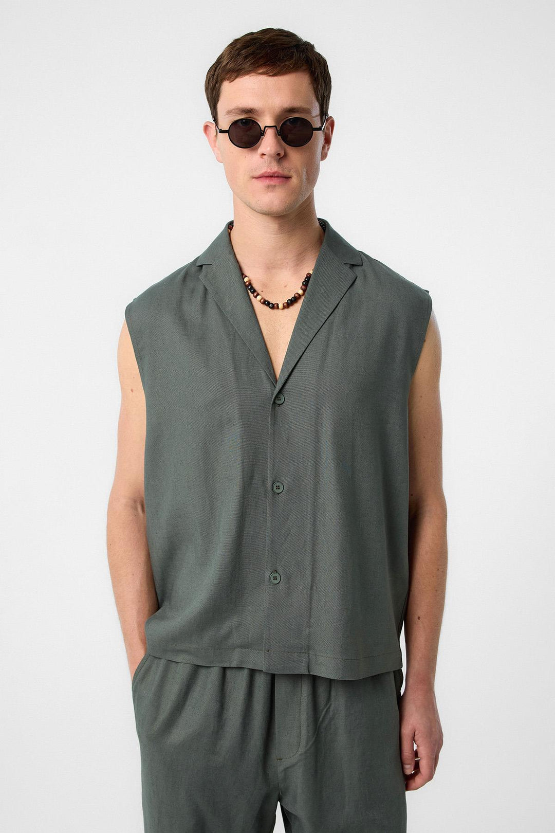 ANT Antioch Haki Linen Blend Sleeveless Men's Shirt - Rimini
