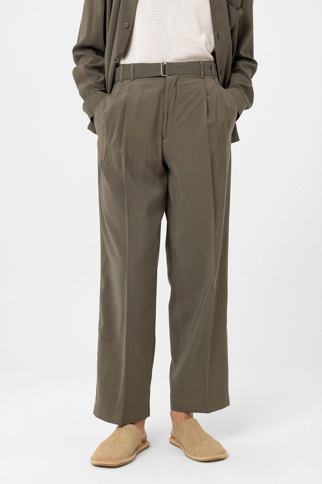 ANT Antioch Haki Modal Fabric Relax Fit Belted Men's Pants - La Louvière