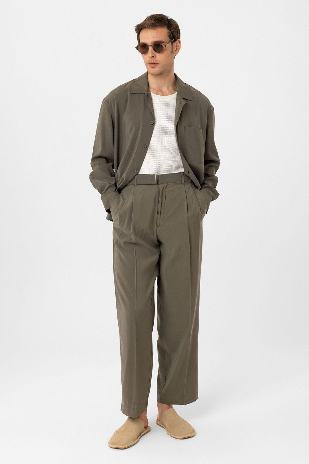 ANT Antioch Haki Modal Fabric Relax Fit Belted Men's Pants - La Louvière